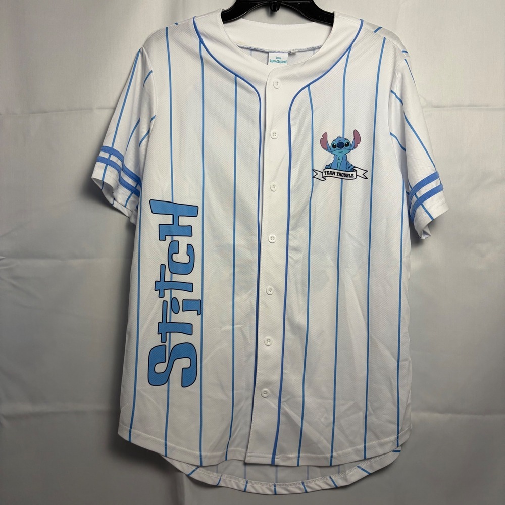 Disney Lilo & Stitch Baseball Jersey White Blue Pinstripe Team Trouble Small